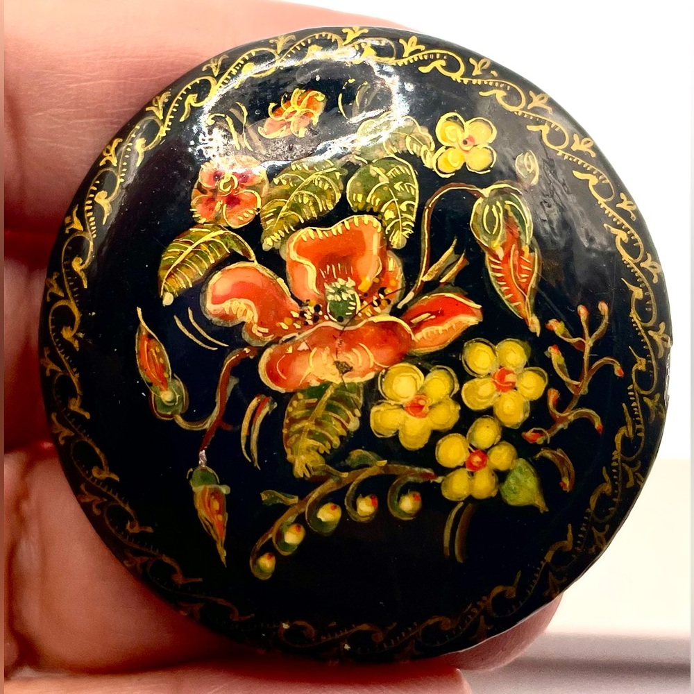 3 for $30 Vintage Russian Black Lacquer Brooch Hand Painted Floral Design Signed